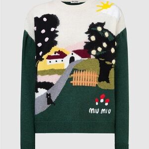 RARE Miu Miu 2020 Virgin Wool Crewneck Sweater with Landscape and Cat Motif